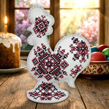 Faux Leather Cross-Stitch Kit &ndash; &ldquo;Rooster with Ornament Pattern&rdquo; FLHL-127