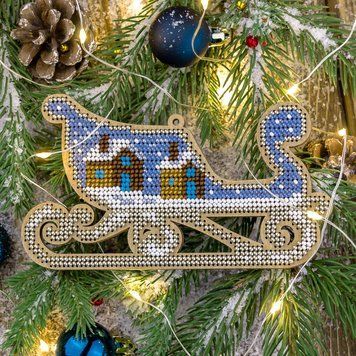Wooden Bead Embroidery Kit &ndash; &ldquo;Christmas Ornament &ndash; Sleigh With Cottages&rdquo; FLK-313