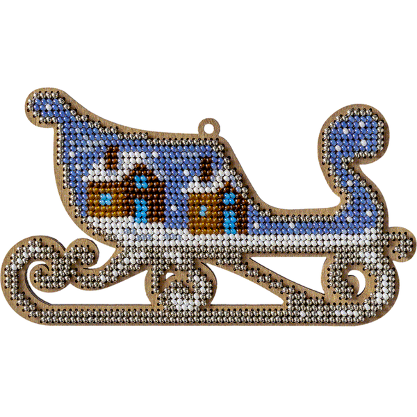 Wooden Bead Embroidery Kit &ndash; &ldquo;Christmas Ornament &ndash; Sleigh With Cottages&rdquo; FLK-313