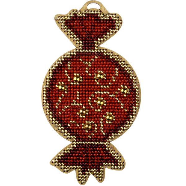 Wooden Bead Embroidery Kit &ndash; &ldquo;Christmas Ornament &ndash; Golden Motifs &ndash; Candy&rdquo; FLK-444