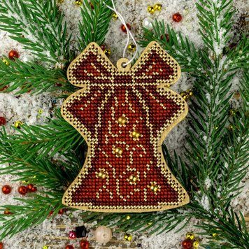 Wooden Bead Embroidery Kit &ndash; &ldquo;Christmas Ornament &ndash; Golden Motifs &ndash; Bell&rdquo; FLK-445