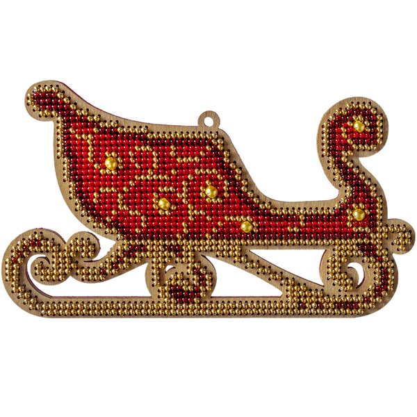 Wooden Bead Embroidery Kit &ndash; &ldquo;Christmas Ornament &ndash; Golden Motifs &ndash; Sleigh&rdquo; FLK-314