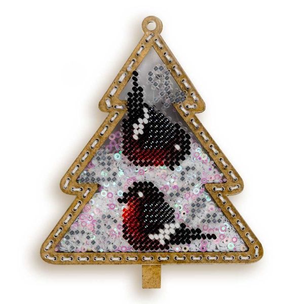 Bead Embroidery Kit (Plastic Base) &ndash; &ldquo;Christmas Ornament &ndash; Christmas Tree With Bullfinches&rdquo; (Double-Sided) FLPL-068