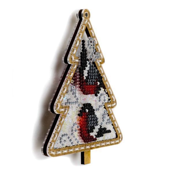 Bead Embroidery Kit (Plastic Base) &ndash; &ldquo;Christmas Ornament &ndash; Christmas Tree With Bullfinches&rdquo; (Double-Sided) FLPL-068