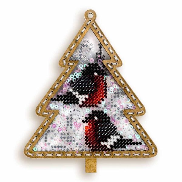 Bead Embroidery Kit (Plastic Base) &ndash; &ldquo;Christmas Ornament &ndash; Christmas Tree With Bullfinches&rdquo; (Double-Sided) FLPL-068