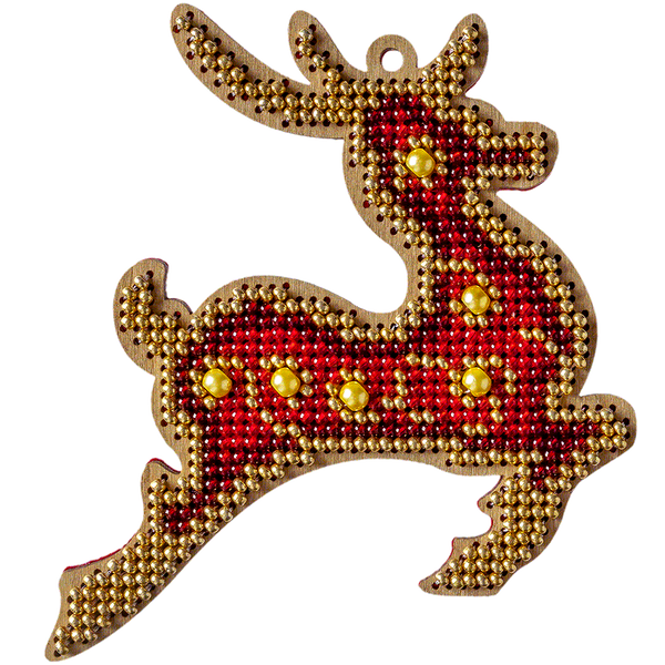 Wooden Bead Embroidery Kit &ndash; &ldquo;Christmas Ornament &ndash; Golden Motifs &ndash; Reindeer&rdquo; FLK-315
