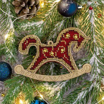 Wooden Bead Embroidery Kit &ndash; &ldquo;Christmas Ornament &ndash; Golden Motifs &ndash; Rocking Horse&rdquo; FLK-316