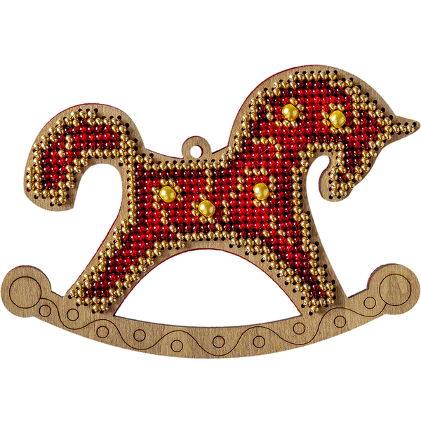 Wooden Bead Embroidery Kit &ndash; &ldquo;Christmas Ornament &ndash; Golden Motifs &ndash; Rocking Horse&rdquo; FLK-316