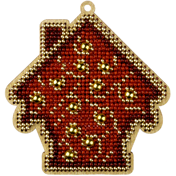 Wooden Bead Embroidery Kit &ndash; &ldquo;Christmas Ornament &ndash; Golden Motifs &ndash; House&rdquo; FLK-447
