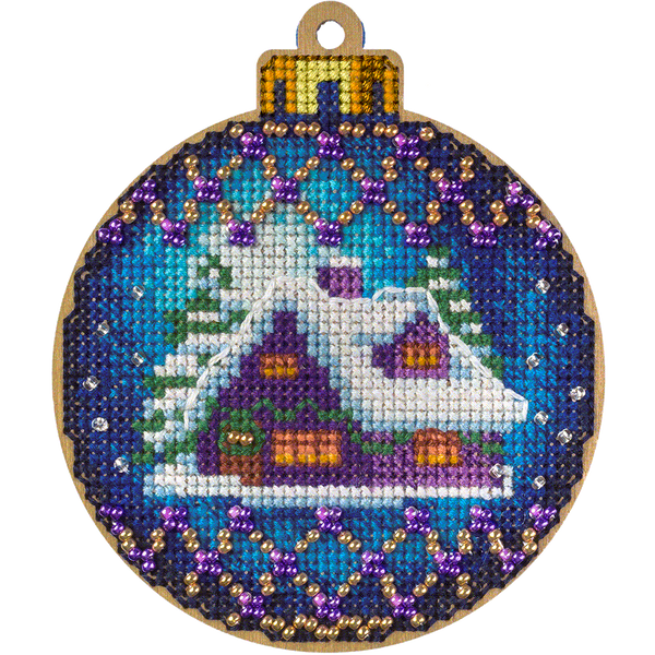 Wooden Cross-Stitch Kit &ndash; &ldquo;Christmas Ornament &ndash; Winter House&rdquo; FLW-019