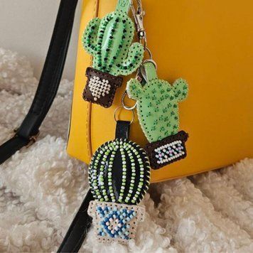 Faux Leather Bead Embroidery Kit &ndash; &ldquo;Bag Charm Cacti in Pots&rdquo; FLBB-174