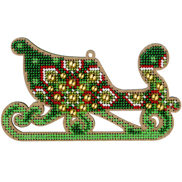 Wooden Bead Embroidery Kit &ndash; &ldquo;Christmas Ornament &ndash; Emerald Tale &ndash; Sleigh&rdquo; FLK-399