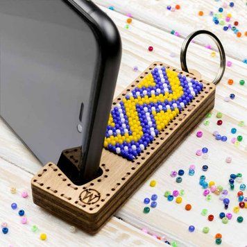 Wooden Bead Embroidery Kit &ndash; &ldquo;Phone Stand &ndash; Blue and Yellow Ornament&rdquo; FLK-484