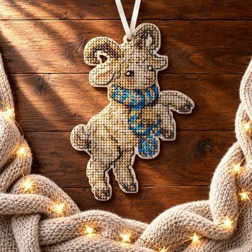 Wooden Cross-Stitch Kit &ndash; &ldquo;Christmas Ornament &ndash; Merry Goat&rdquo; FLW-115
