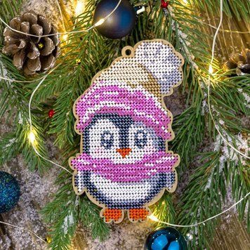 Wooden Bead Embroidery Kit &ndash; &ldquo;Christmas Ornament &ndash; Penguin In Pink&rdquo; FLK-235