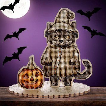 Wooden Cross-Stitch Kit &ndash; &ldquo;Halloween British Shorthair&rdquo; FLW-058