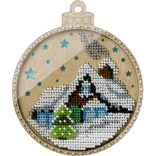 Wooden Bead Embroidery Kit &ndash; &ldquo;Christmas Ornament &ndash; Mountain Cabin&rdquo; FLK-366