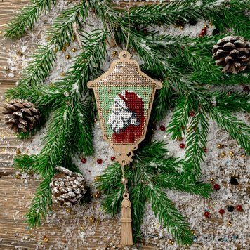 Wooden Bead Embroidery Kit &ndash; &ldquo;Christmas Ornament &ndash; Lantern With Santa Claus&rdquo; FLK-452