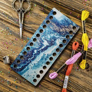 Floss Organizer &ndash; &ldquo;Blue & Gold Abstraction, Narrow Rectangular&rdquo; FLZ(P)-054