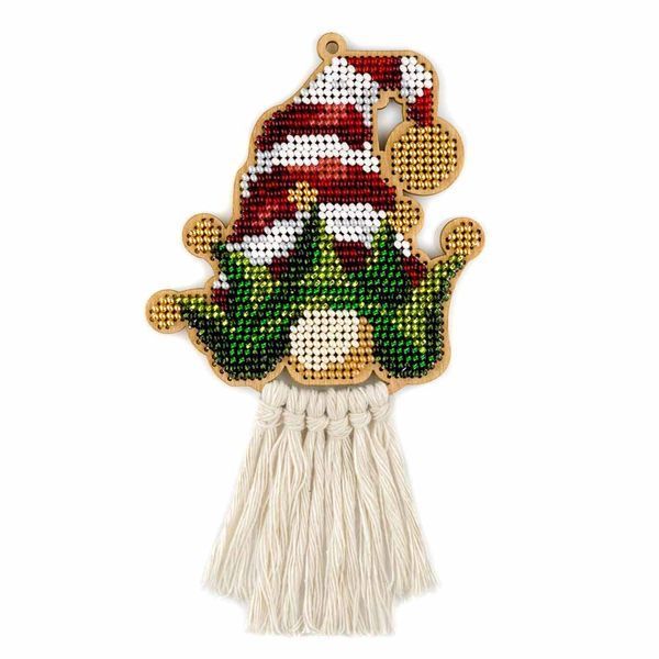 Wooden Bead Embroidery Kit &ndash; &ldquo;Christmas Ornament &ndash; Gnome in Red Hat&rdquo; FLK-497