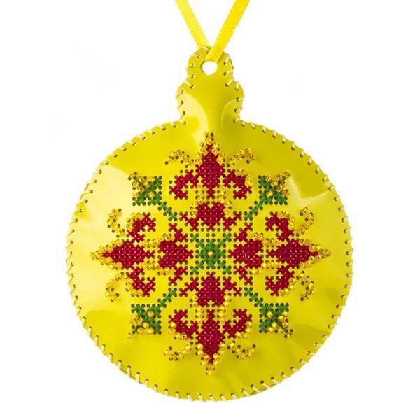 Faux Leather Cross-Stitch Kit &ndash; &ldquo;Bauble Christmas Ornament&rdquo; (Double-Sided) FLHL-074 Yellow