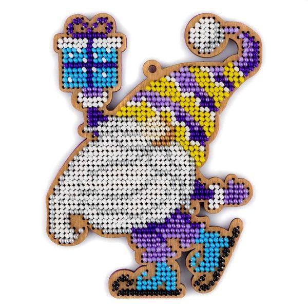 Wooden Bead Embroidery Kit &ndash; &ldquo;Christmas Ornament &ndash; Gnome on Skates&rdquo; FLK-499