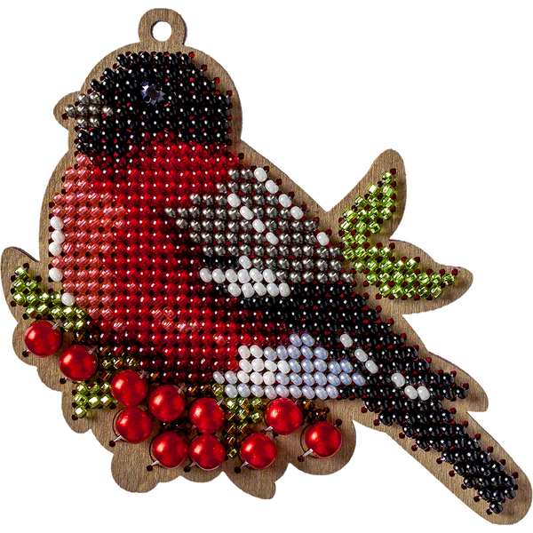 Wooden Bead Embroidery Kit &ndash; &ldquo;Christmas Ornament &ndash; Bullfinch on Branch&rdquo; FLK-324