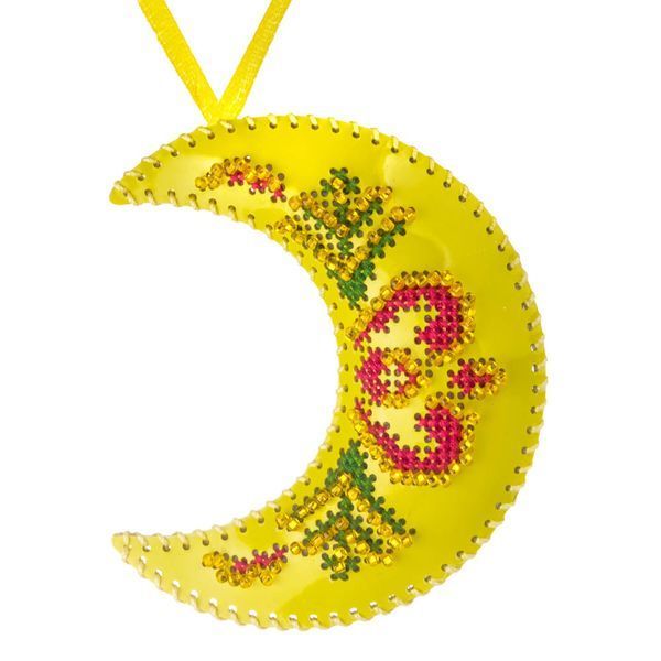 Faux Leather Cross-Stitch Kit &ndash; &ldquo;Crescent Moon Christmas Ornament&rdquo; (Double-Sided) FLHL-077 Yellow