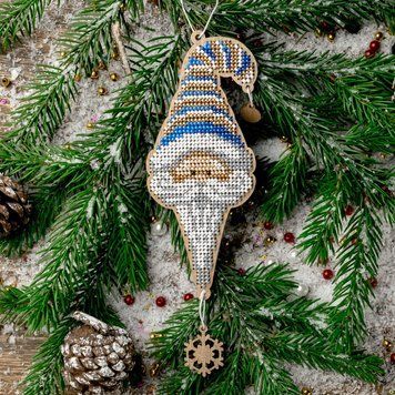 Wooden Bead Embroidery Kit &ndash; &ldquo;Christmas Ornament &ndash; Gnome In Blue Hat&rdquo; FLK-457