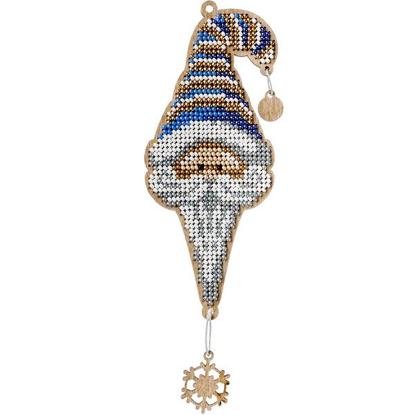 Wooden Bead Embroidery Kit &ndash; &ldquo;Christmas Ornament &ndash; Gnome In Blue Hat&rdquo; FLK-457