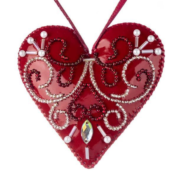 Faux Leather Bead Embroidery Kit &ndash; &ldquo;Heart Christmas Ornament&rdquo; (Double-Sided) FLBB-136 Red
