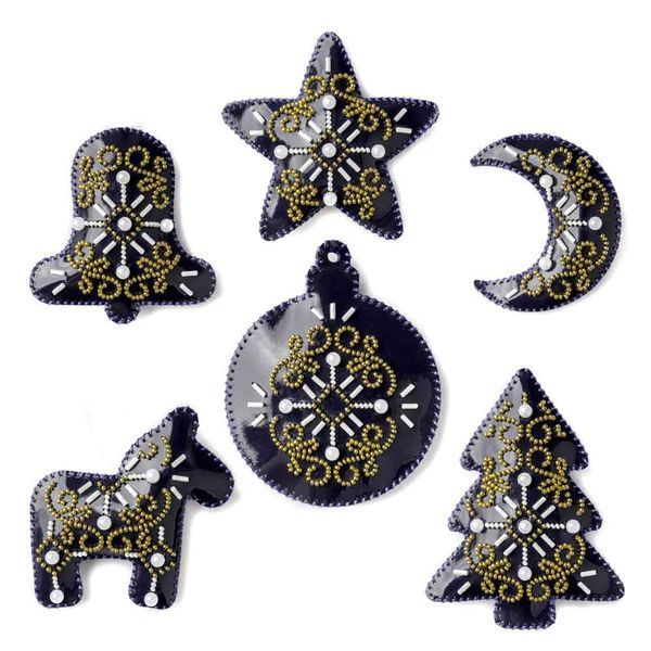 Faux Leather Bead Embroidery Kit &ndash; &ldquo;Winter Symphony Christmas Ornaments&rdquo; (6 pcs, Double-Sided) FLBB-123 Blue