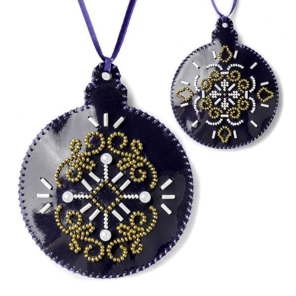 Faux Leather Bead Embroidery Kit &ndash; &ldquo;Winter Symphony Christmas Ornaments&rdquo; (6 pcs, Double-Sided) FLBB-123 Blue