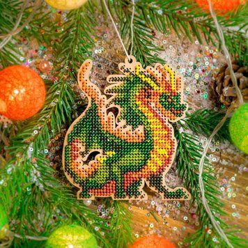 Wooden Bead Embroidery Kit &ndash; &ldquo;Christmas Ornament &ndash; Fire Dragon&rdquo; FLK-503