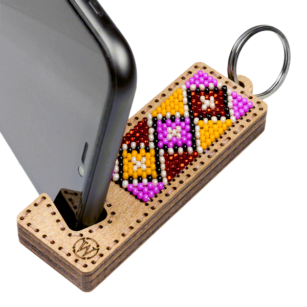 Wooden Bead Embroidery Kit &ndash; &ldquo;Phone Stand &ndash; Pink and Yellow Ornament&rdquo; FLK-492
