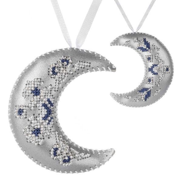 Faux Leather Cross-Stitch Kit &ndash; &ldquo;Crescent Moon Christmas Ornament&rdquo; (Double-Sided) FLHL-079 Silver