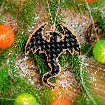 Wooden Bead Embroidery Kit &ndash; &ldquo;Christmas Ornament &ndash; Dark Dragon&rdquo; FLK-504
