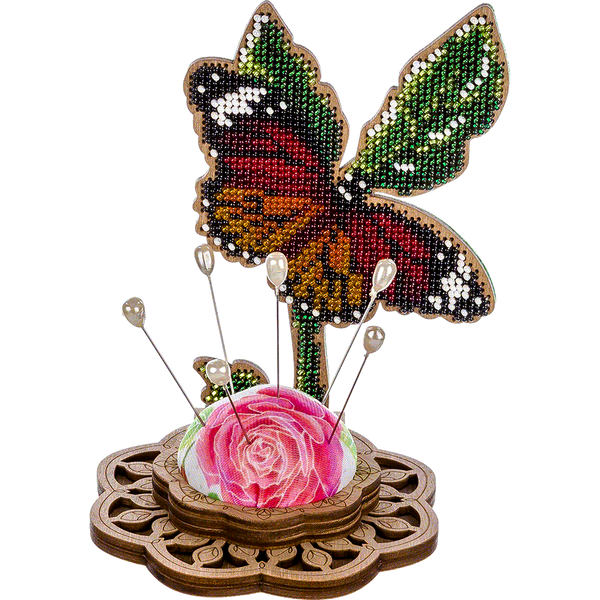 Wooden Bead Embroidery Kit &ndash; &ldquo;Pincushion &ndash; Butterfly On A Flower&rdquo; FLK-279