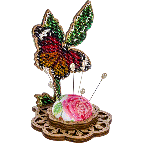 Wooden Bead Embroidery Kit &ndash; &ldquo;Pincushion &ndash; Butterfly On A Flower&rdquo; FLK-279