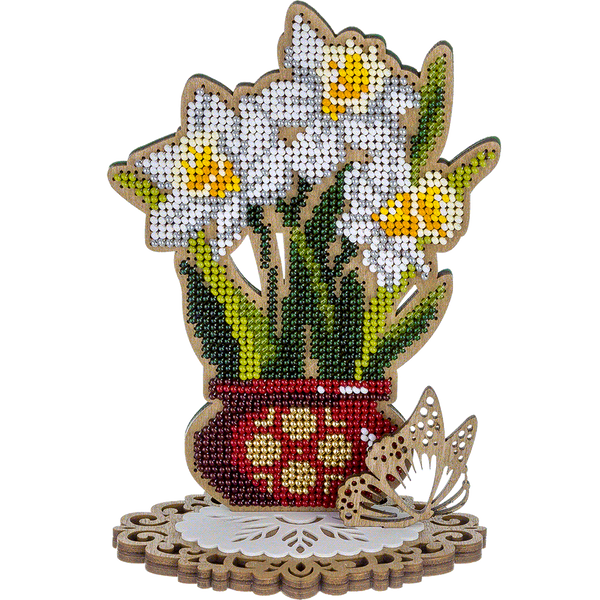 Wooden Bead Embroidery Kit &ndash; &ldquo;Daffodils In A Pot&rdquo; FLK-410