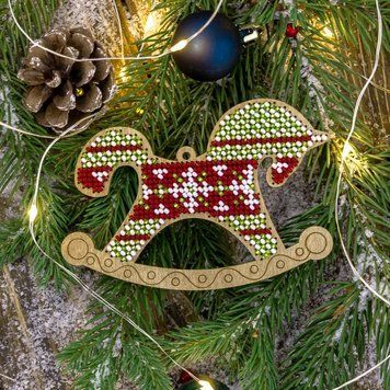 Wooden Bead Embroidery Kit &ndash; &ldquo;Christmas Ornament &ndash; Rocking Horse&rdquo; FLK-229