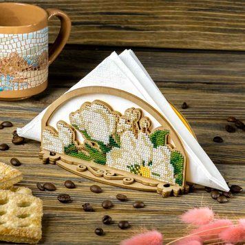 Bead Embroidery Kit on Wood &ndash; &ldquo;Napkin Holder &ndash; White Blossoms&rdquo; FLK-531
