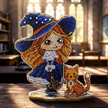 Wooden Cross-Stitch Kit &ndash; &ldquo;Little Witch In Blue&rdquo; FLW-070