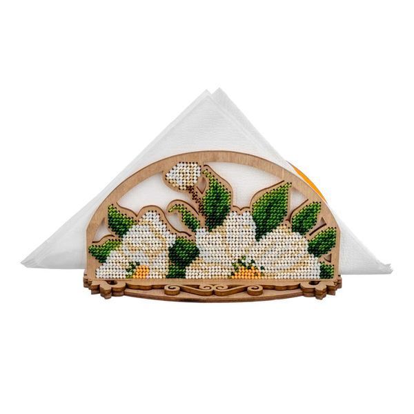 Bead Embroidery Kit on Wood &ndash; &ldquo;Napkin Holder &ndash; White Blossoms&rdquo; FLK-531