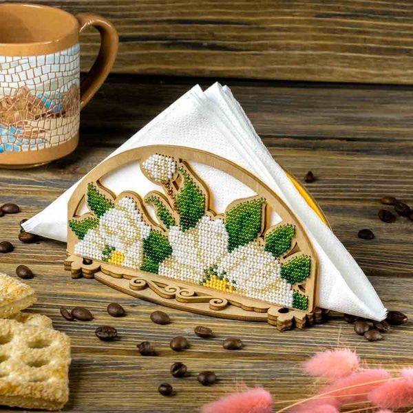 Bead Embroidery Kit on Wood &ndash; &ldquo;Napkin Holder &ndash; White Blossoms&rdquo; FLK-531