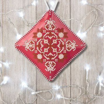 Faux Leather Cross-Stitch Kit – “Mini Pillow Christmas Ornament” (Double-Sided) FLHL-088 Coral