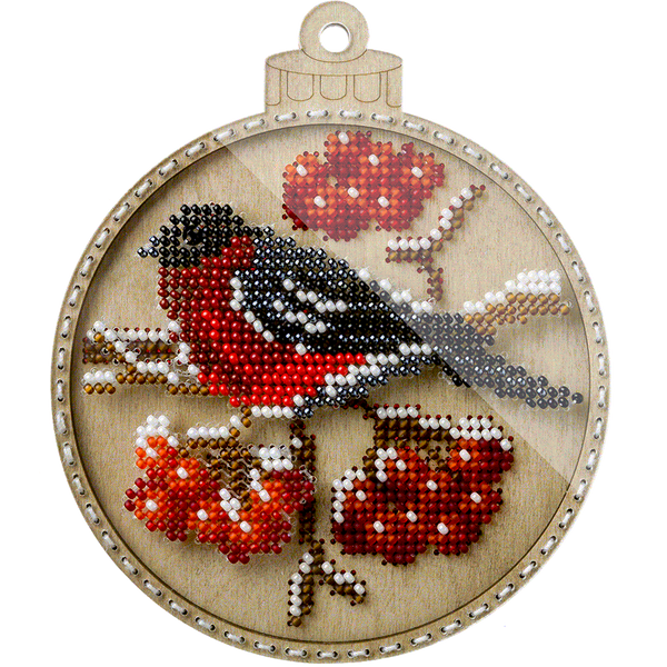 Wooden Bead Embroidery Kit &ndash; &ldquo;Christmas Ornament &ndash; Bullfinch on Viburnum&rdquo; FLK-367