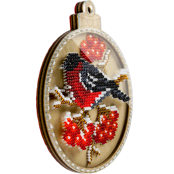 Wooden Bead Embroidery Kit &ndash; &ldquo;Christmas Ornament &ndash; Bullfinch on Viburnum&rdquo; FLK-367