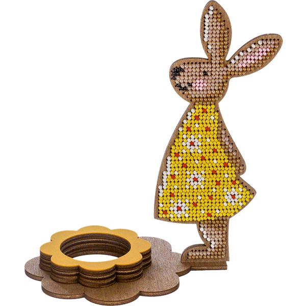 Wooden Bead Embroidery Kit &ndash; &ldquo;Easter Egg Stand &ndash; Bunny in Yellow&rdquo; FLK-331