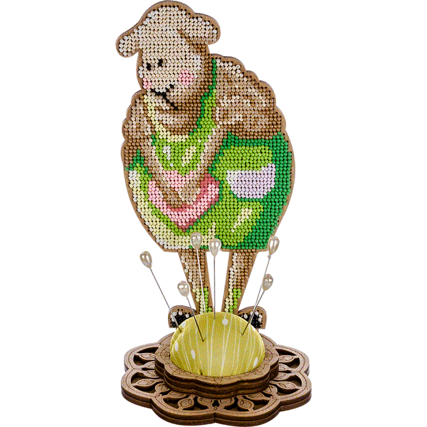 Wooden Bead Embroidery Kit &ndash; &ldquo;Pincushion &ndash; Cheerful Sheep&rdquo; FLK-281